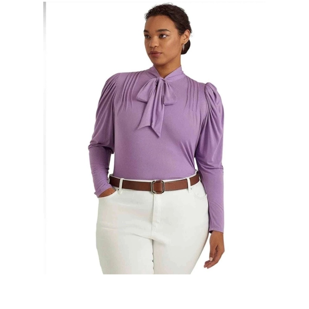Lauren Ralph Lauren‎ Size-1X/TG Plus Purple Long Sleeve Tie Neck Blouse